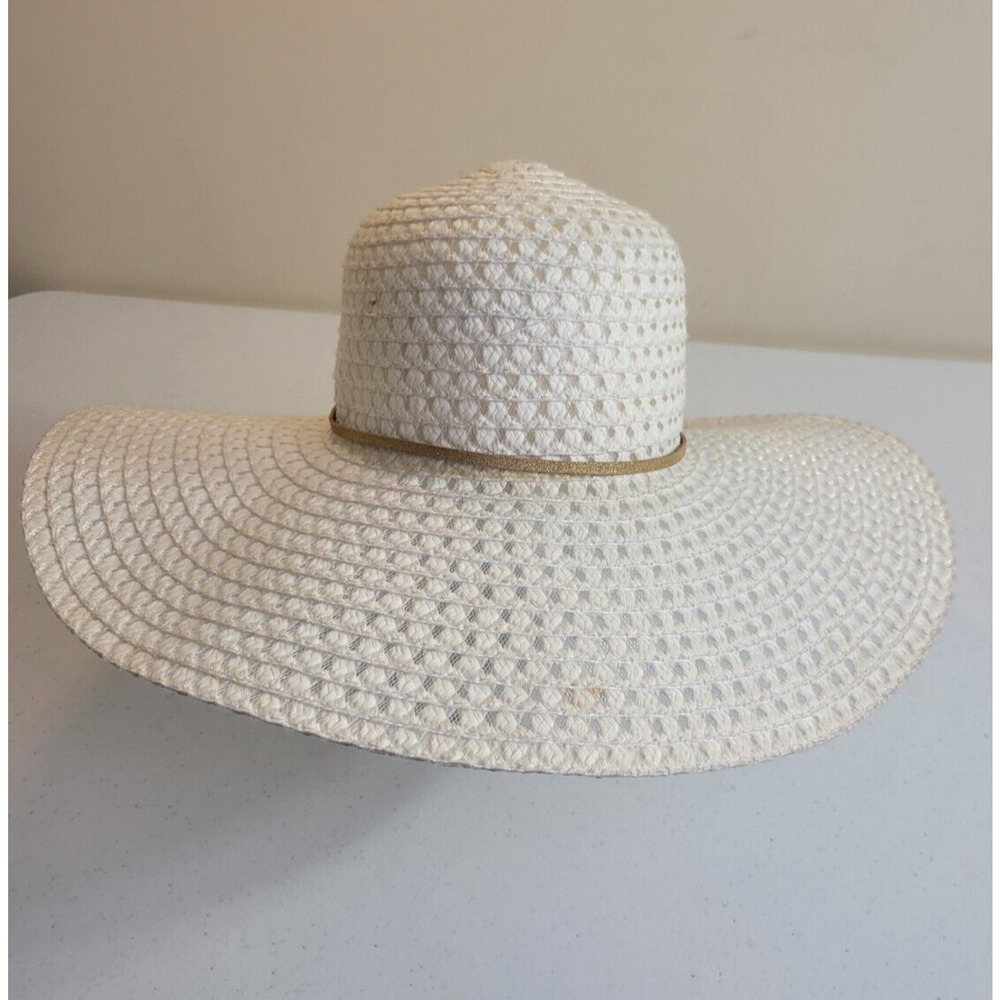 Summer Straw Sun Hat Women's White Wide Brim‎ Gold Band Floppy Beach One Size